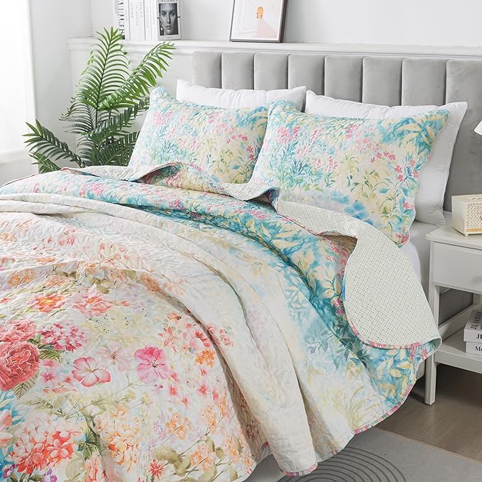 HoneiLife King Quilt Bedding Set - Floral Quilt Sets 3-Piece,Wildflower Bedspreads for King Bed, Microfiber Coverlets Botanical Bed Cover Quilt King Size All Season Quilts-Dream Garden,Coral Pink