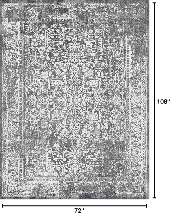 vivorug 6x9 Area Rugs, Stain Resistant Washable Rug for Living Room, Vintage-Inspired Grey Rug