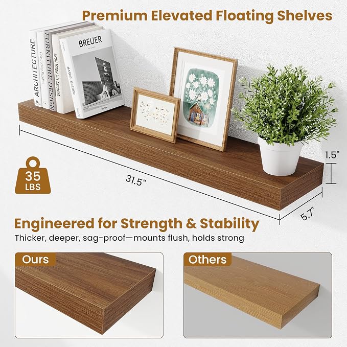 Fun Memories Bathroom Shelves 32 Inch Long Set of 2, Floating Shelves for Wall with Invisible Brackets, for Bedroom, Living Room, Kitchen, Walnut
