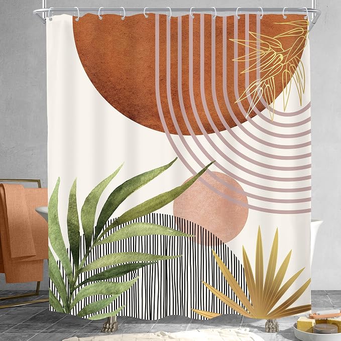 KOMLLEX Mid Century Green Boho Shower Curtain 60Wx72L Inches Abstract Modern Brown Shower Curtain for Bathroom Decor Plant Botanical Minimalist Arch Sun Fabric Liner Waterproof Polyester 12 Pack Hooks