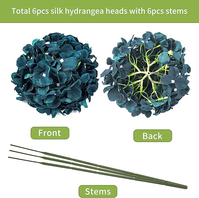 DuHouse Silk Hydrangea Artificial Flower Heads with Stems Fake Hydrangeas Flowers for DIY Wedding Centerpiece Home Decor,Pack of 6(Peacock Blue)