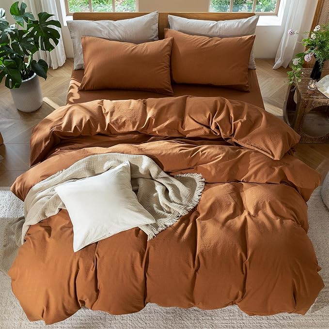 MooMee Bedding Duvet Cover Set 100% Washed Cotton Linen Like Textured Breathable Durable Soft Comfy (Solid Dark Orange, Twin 68"x90")