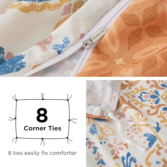 Bedsure Duvet Cover King Size - Reversible Floral Duvet Cover Set with Zipper Closure, 3 Pieces Bohemian Orange Bedding Set with 8 Corner Ties and 2 Pillow Shams 20"x36"