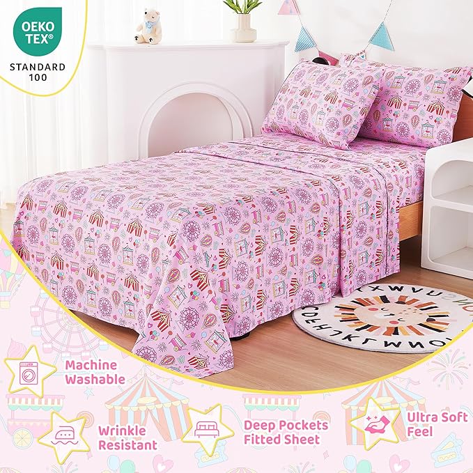 Viviland 3 Pieces Girls Pink Amusement Park Twin Sheet Set - Soft Microfiber Fitted Flat Sheets & Pillowcase - Kids Skyscraper Wheel Print Bedding Sets - for Kids & Toddlers