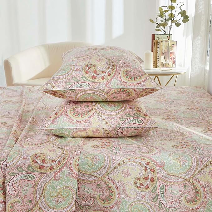 Brandream Boho Paisley Bedding Pink Elegant Watercolor Farmhouse Bed Sheets Set Queen Size Luxury Bedding Collections 800 Thread Count 100% Egyptian Cotton Deep Pocket, 4 Piece