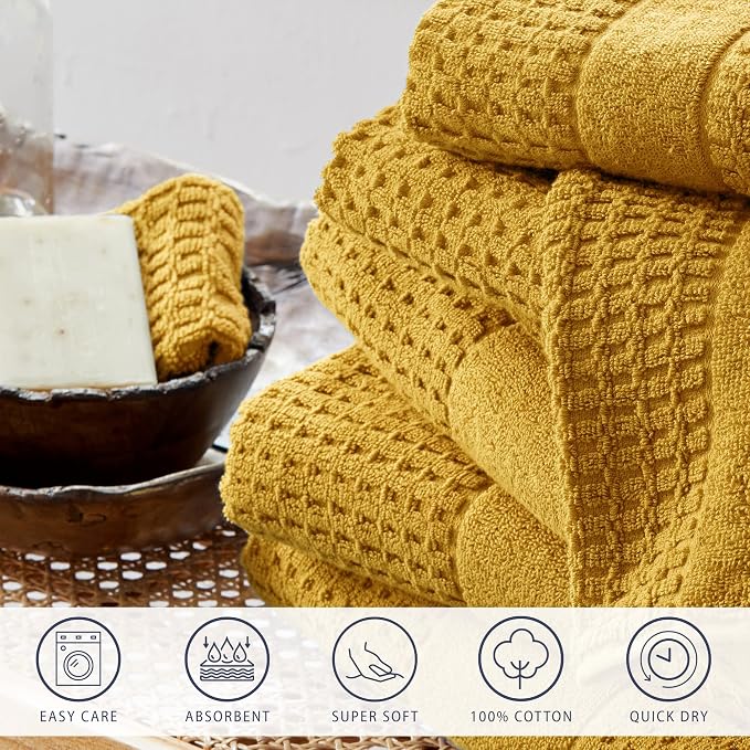 Market & Place 100% Cotton Super Soft Luxury Bath Towel Set | Quick-Dry and Highly Absorbent | Waffle Textured | 550 GSM | Includes 4 Bath Towels | Harper Collection (Mustard Yellow)