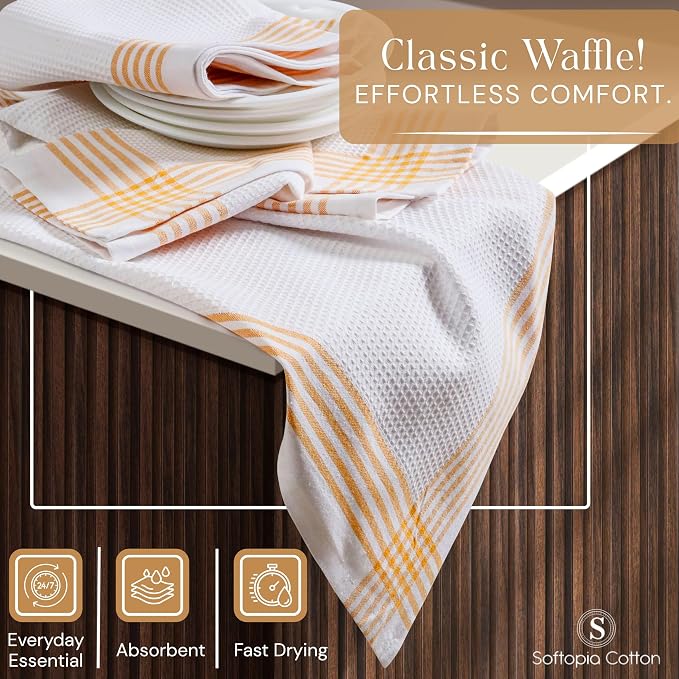 Waffle White & Mustard Yellow Set of 4 Kitchen Towels, 100% Cotton, 16x26 inches, Soft and Durable Dish Towel, Quick Dry Dishcloths, Ideal for Drying Dishes, Cleaning, Wiping