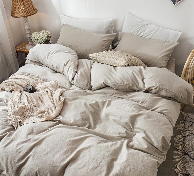 MooMee Bedding Duvet Cover Set 100% Washed Cotton Linen Like Textured Breathable Durable Soft Comfy (Heathered Tannish Linen Grey, Twin 68"x90")