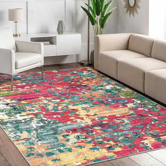 GAOMON 8x10 Rugs Modern Abstract Washable Area Rug Modern Colorful Living Room Rug Soft Thin Nursery Large Rugs Non Slip Indoor Floor Carpet for Office Dining Room, Pink/Multi