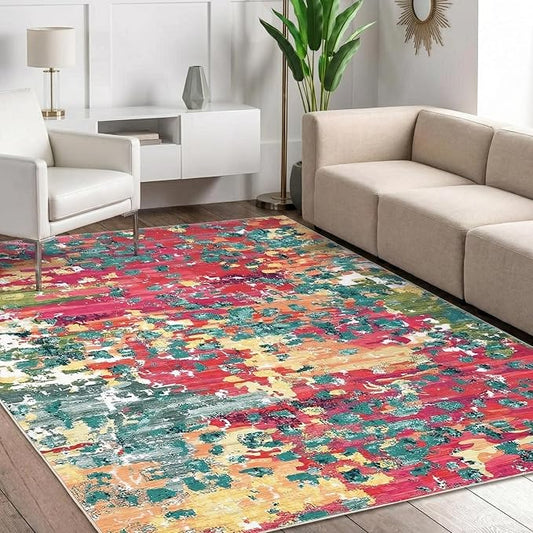 GAOMON 8x10 Rugs Modern Abstract Washable Area Rug Modern Colorful Living Room Rug Soft Thin Nursery Large Rugs Non Slip Indoor Floor Carpet for Office Dining Room, Pink/Multi
