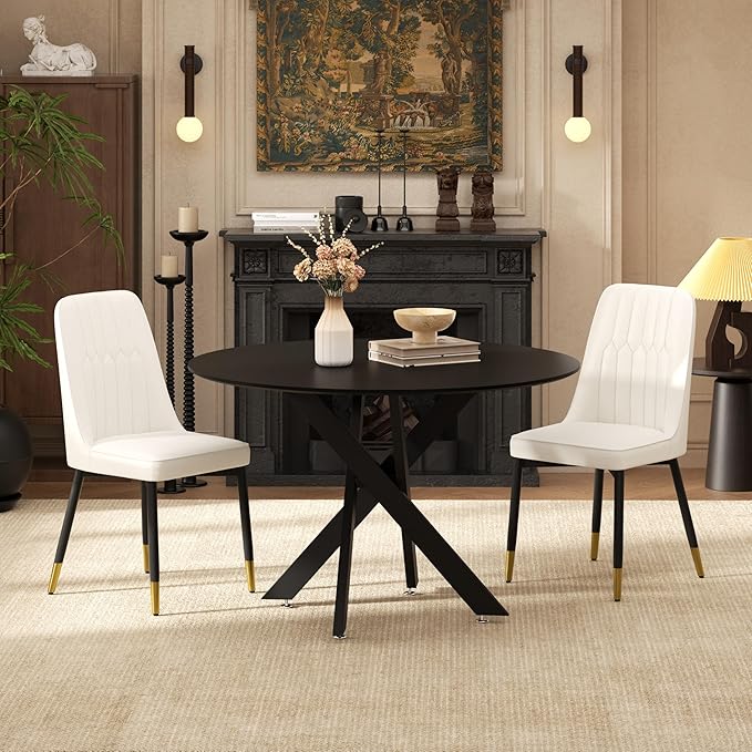 RGZ Mid Century Black Round Dining Table Set for 2, 36" Small Wooden Circle Kitchen Table & 2 White PU Leather Kitchen Chairs, Dinner Table Set for Home, Apartment, Dining Room