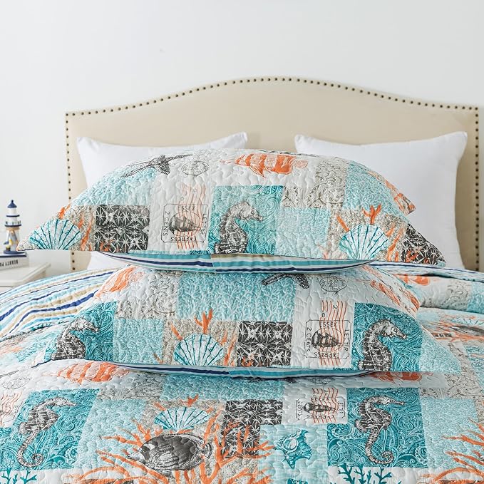 HoneiLife King Quilt Bedding Set - 3 Pieces Coastal Quilt Sets Beach Bedspreads Ocean Coverlets Lightweight Bed Cover Summer Quilts King Size