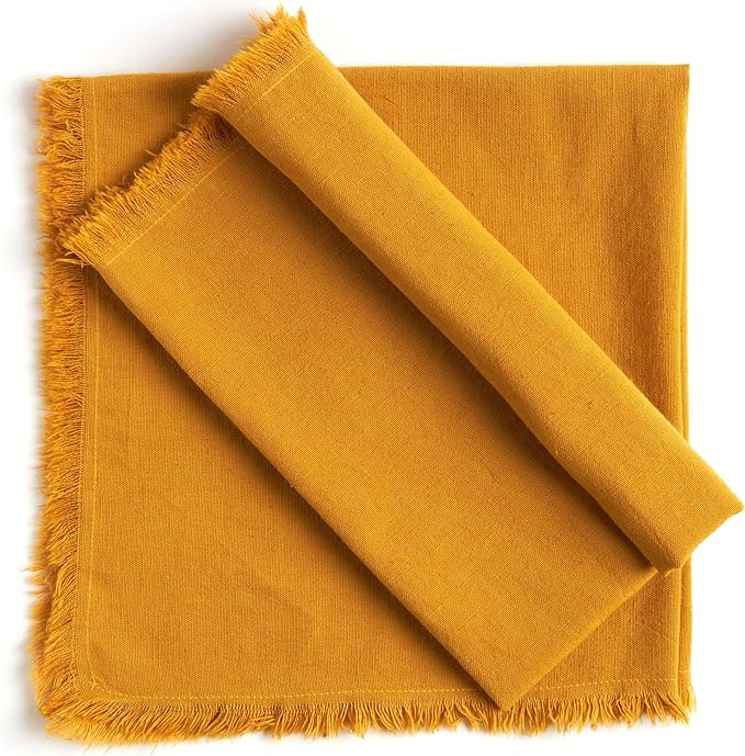 ACCENTHOME Mustard Cotton Linen Napkin Set of 12 18x18 inch Dinner Napkins - Washable Soft Premium Hotel Quality Reusable Hemmed Edges Napkins Perfect Table Linens for Family Dinners, Weddings