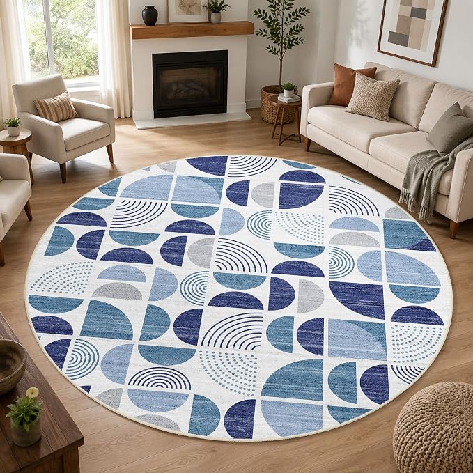 MUJOO Round Rugs 9ft,Circle Area Rug Washable,Circular Rugs for Living Room Dining Room,Large Boho Non Slip Throw Floor Carpet Modern Abstract Navy Blue