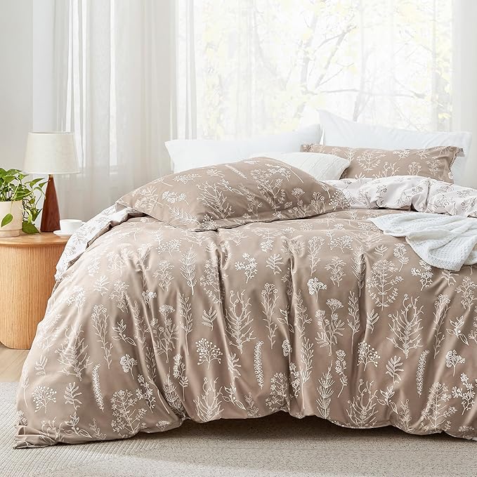 Bedsure Duvet Cover King Size - Reversible Light Taupe King Duvet Cover Set with Zipper Closure, 3 Pieces Floral Patterned Bedding Set with 8 Corner Ties and 2 Pillow Shams