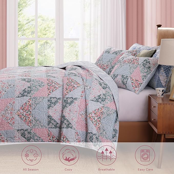 Quilt Set Twin Size, Patchwork Pink Floral Quilt Sets, Reversible Bedspread Lightweight and Breathable for All Seasons, Soft Quilted Bedspread with 1 Pillow Sham