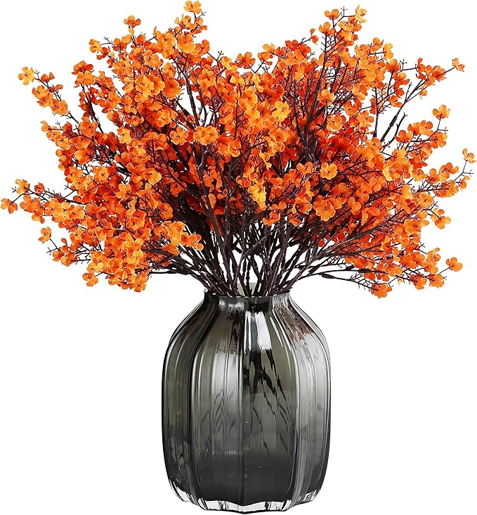JAKY-Global Babys Breath Silk Artificial Flowers Bulk with Vase 10pcs for Fall Decor Fake Flower Bouquet Bulk for Home Kitchen Indoor Bouquet Floral Arrangement Table Centerpieces Party Decor(Orange)