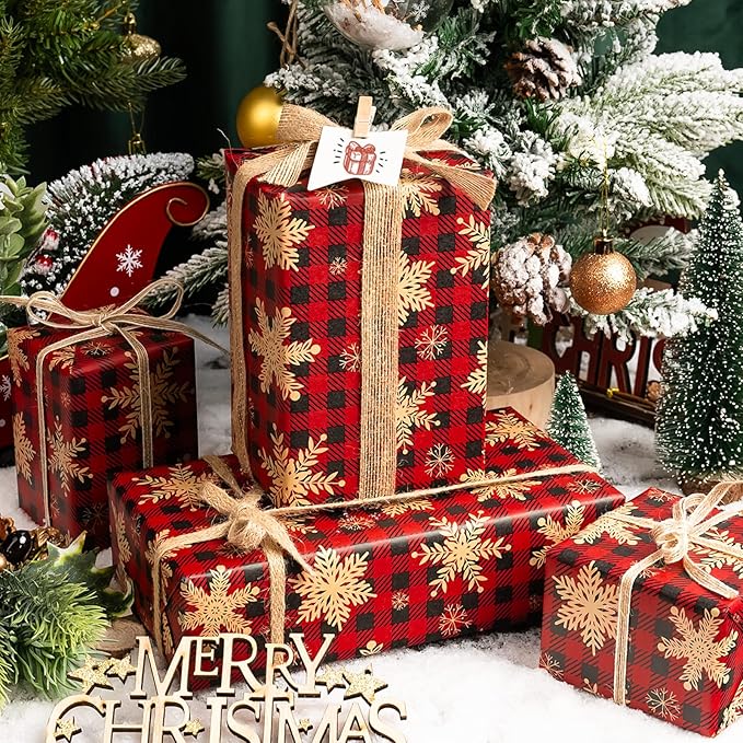 MAYPLUSS Kraft Christmas Wrapping Paper Roll - 17 Inch X 33 Feet - Recyclable Snowflake on Red Buffalo Plaid Kraft Birthday Winter Holiday Gift Wrap Sheet for Party DIY Craft Festive Decoration