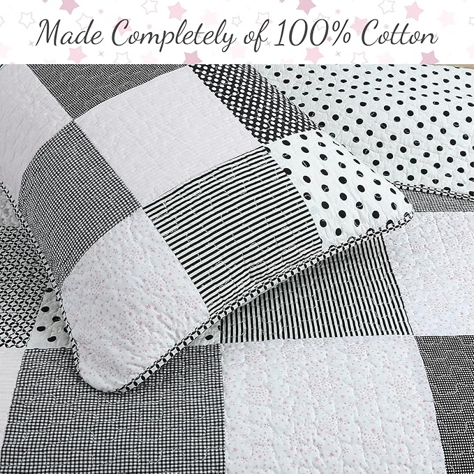 Cozy Line Home Fashions Black White Pink Polka Dots Striped Star Girl 100% Cotton Reversible Quilt Bedding Set, All-Season Coverlet Bedspread (Black Pink, Twin - 2 Piece)