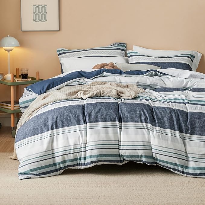 Bedsure Duvet Cover Queen Size - Reversible Striped Duvet Cover Set with Zipper Closure, 3 Pieces Blue Bedding Set with 8 Corner Ties and 2 Pillow Shams 20"x26"
