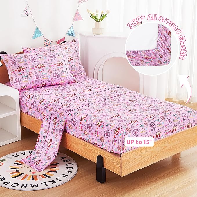 Viviland 3 Pieces Girls Pink Amusement Park Twin Sheet Set - Soft Microfiber Fitted Flat Sheets & Pillowcase - Kids Skyscraper Wheel Print Bedding Sets - for Kids & Toddlers