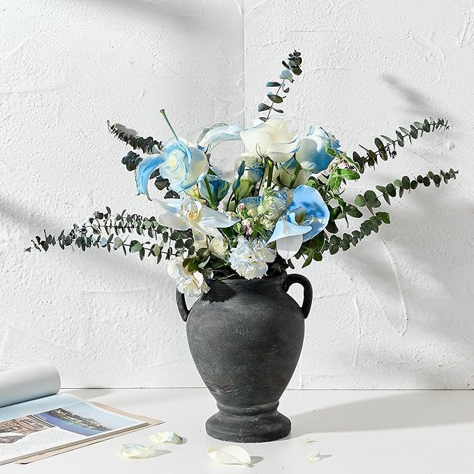 Ceramic Rustic Flower Vase with Handles, 8.36 Inch Tall Vintage Pottery Home Decor, Farmhouse Terracotta Vase for Living Room, Table, Shelf, Mantel Decoration, Farmhouse- Black Bronze