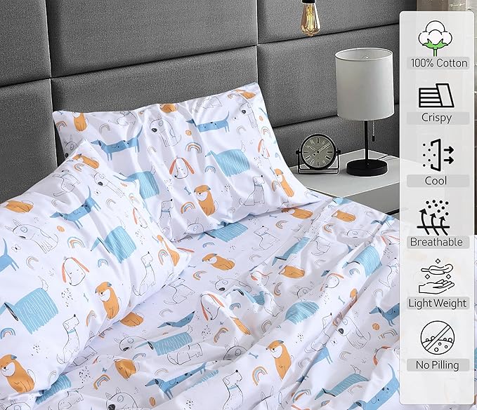 RUVANTI 100% Cotton Full Size Bed Sheets, 4 Pieces, Soft & Breathable Percale Weave Bedding, Deep Pocket 16", Hotel Standard, Crisp Cool Feel, Durable, Perfect Sheet Set Floral, Puppy Me