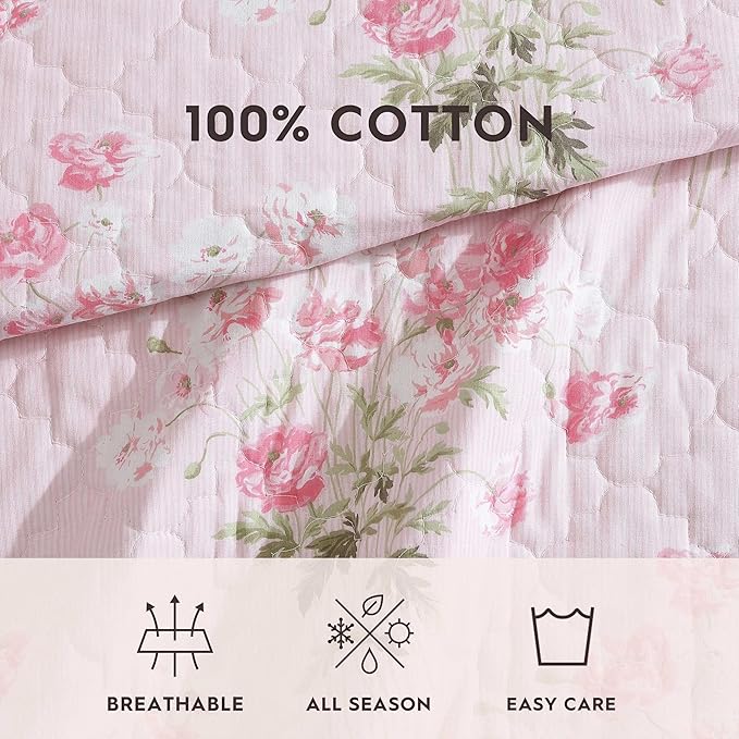 Laura Ashley - Queen Quilt Set, Reversible Premium Bedding with Matching Shams, Coquette Room Decor (Veronicas Bouquet Pink, Queen)