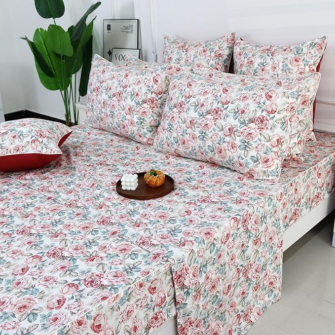 FADFAY Rose Floral Sheets Set King Vintage Red Floral Bedding Shabby Rustic Rose Sheets French Country Farmhouse Bedding 800 Thread Count 100% Egyptian Cotton Deep Pocket Fitted Sheet 4Pcs, King Size