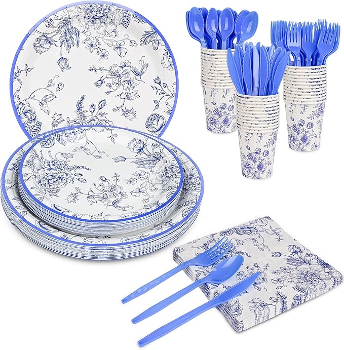 175Pcs Blue Floral Paper Plates and Napkins 25 Guests Blue Toile Chinoiserie Party Supplies Set Include Plates Napkins Cups Spoons Forks Knives for Birthday Wedding