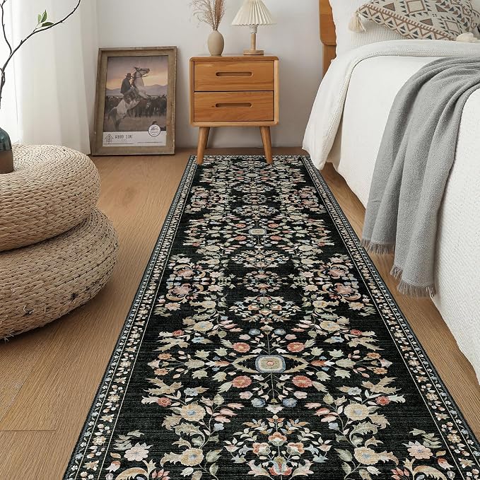 MUJOO Washable Runner Rug for Kitchen Hallways,2x8 Runner Rug Non Slip,Floral Carpet Runner for Bathroom Bedroom Laundry Floor,Long Mat Boho Indoor Vintage Low Pile Black