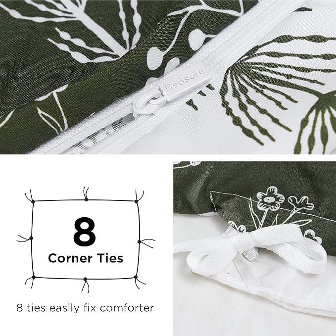 Bedsure Duvet Cover Queen Size - Reversible Dark Green Queen Duvet Cover Set with Zipper Closure, 3 Pieces Floral Patterned Bedding Set with 8 Corner Ties and 2 Pillow Shams