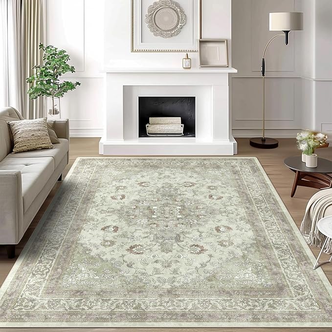 vivorug 6x9 Area Rugs, Ultra-Soft Washable Rug for Living Room Dinner Room Bedroom, Non-Slip Vintage Sage Green Rug, Indoor Carpet Large Area Rug
