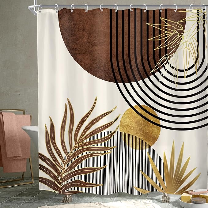 KOMLLEX Mid Century Brown Boho Shower Curtain for Bathroom Decor 72Wx72H Inches Abstract Modern Gold Minimalist Arch Sun Geometric Leaves Neutral Fabric Waterproof Polyester 12 Pack Hooks Pack Hooks