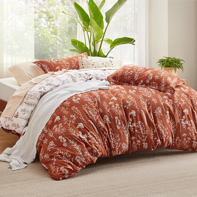 Bedsure Duvet Cover Queen Size - Reversible Terracotta Queen Duvet Cover Set with Zipper Closure, 3 Pieces Floral Patterned Bedding Set with 8 Corner Ties and 2 Pillow Shams