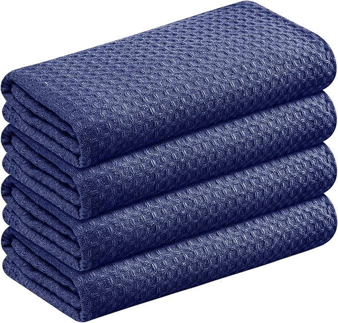 Waffle Weave Dish Towels 4 Pack, 16x26 Inches, Quick Dry Towels for Kitchen, Reusable, Absorbent Wash Cloths Set, Washable Fabric, Heavy Duty for Daily Use - Indigo Blue