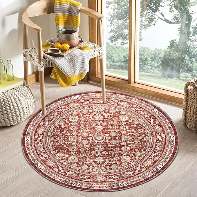 OPPODREAM Vintage Red Round Rug 3ft, 3 ft Retro Washable Circle Rug Non Slip, Low-Pile Faux Wool Circular Carpet, Distressed Floor Mat for Living Room, Bedroom, Office, Dorm, Dinning Room