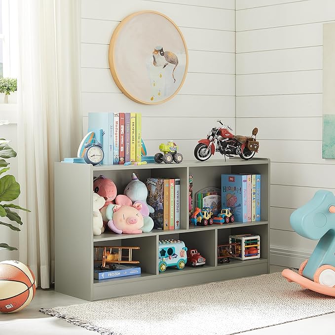 Kids Toy Storage Organizer, 5-Section Storage Cabinet for Organizing Books Toys, Wooden Bookshelf Daycare Furniture for School, Classroom Playroom, Nursery, Kindergarten (Gray)