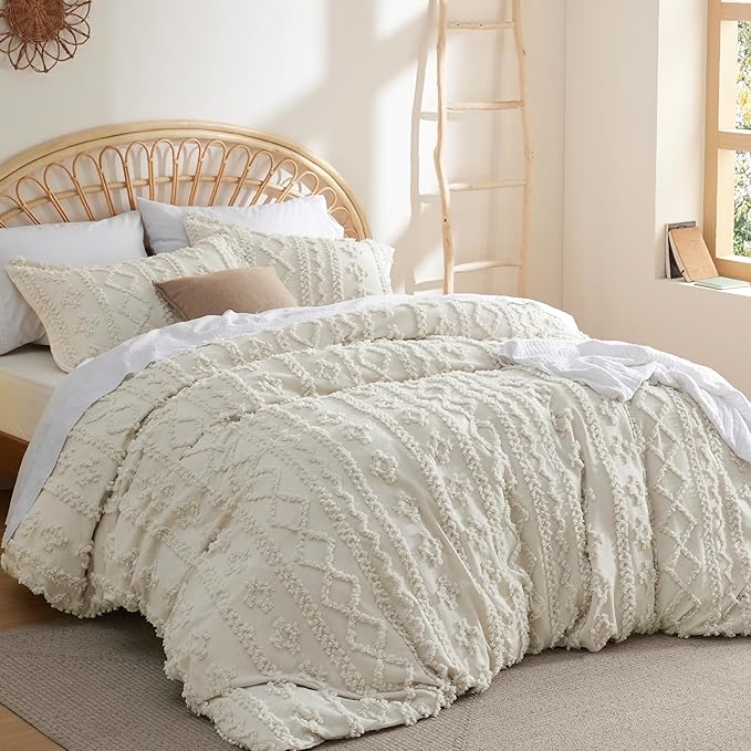 Bedsure Boho Twin Duvet Cover, Soft & Comfortable Elegant Design Boho Bedding for Decoration, Machine Washable Comforter Cover for All Seasons,Includes 1 Duvet Cover & 1 Pillow Sham,Beige