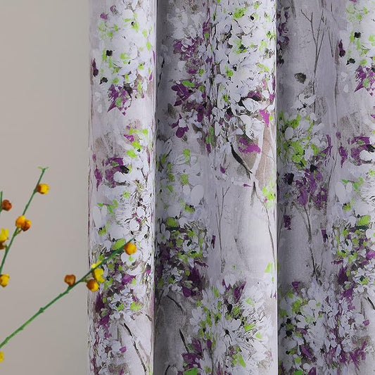 MYSKY HOME Purple Curtains 84 Inch Long 2 Panel Thermal Insulated Half-Blackout Flowers and Leaves Printed Curtains with Grommet