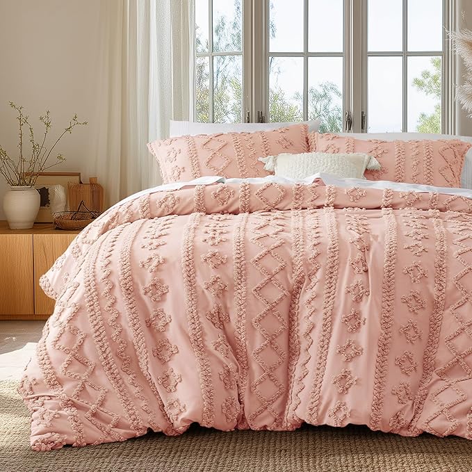 Bedsure Boho Duvet Cover Queen Size, Soft & Comfortable Elegant Design Boho Bedding for Decoration, Machine Washable Comforter Cover for All Seasons,Includes 1 Duvet Cover & 2 Pillow Shams,Light Pink