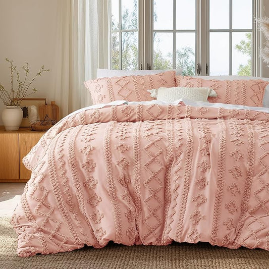 Bedsure Boho Duvet Cover Queen Size, Soft & Comfortable Elegant Design Boho Bedding for Decoration, Machine Washable Comforter Cover for All Seasons,Includes 1 Duvet Cover & 2 Pillow Shams,Light Pink