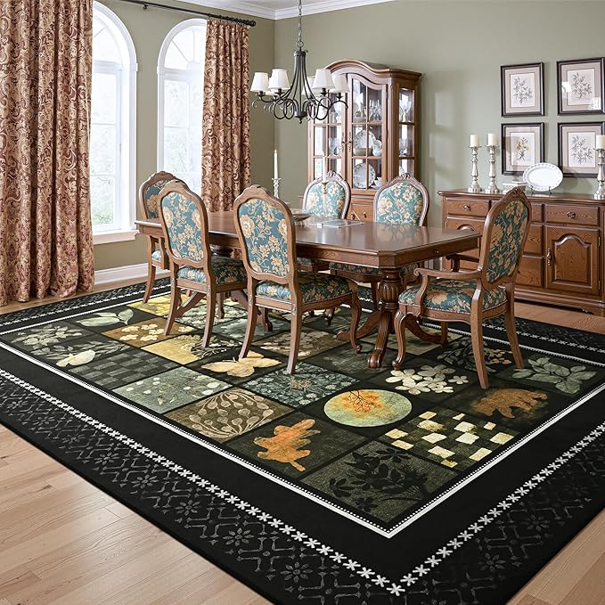 Tepook 6x9 Area Rugs for Living Room, Modern Large Geometric Rug for Bedroom, Washable Patchwork Rug Indoor Non Slip Throw Carpets for Dining Room Office Farmhouse Home Decor, Black