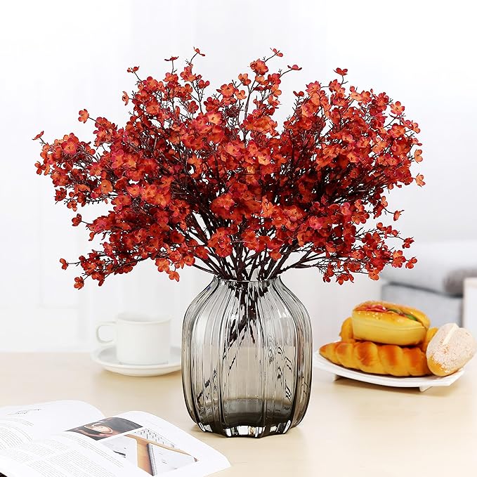 JAKY-Global Babys Breath Silk Artificial Flowers Bulk with Vase 10pcs Fall Decor Fake Flower Bouquet Bulk for Home Kitchen Indoor Arrangement Table Centerpieces Party Decor(Burnt Red Brown with Vase)