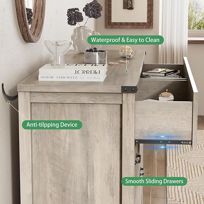 Dresser for Bedroom with 6 Drawers, 49" Tall Wood Chest of Drawers with Deep Drawers & Mental Handle, Modern Dresser TV Stand, Wooden Closet Storage Organizer for Living Room, Hallway, Entryway, Grey