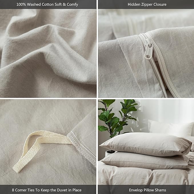 MooMee Bedding Duvet Cover Set 100% Washed Cotton Linen Like Textured Breathable Durable Soft Comfy (Heathered Cream Grey, Queen 90"x90")