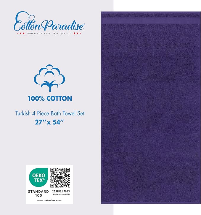 Cotton Paradise 100% Cotton Turkish Towel Set, Soft Absorbent Quick Dry, 4 Piece Bath Towel Set, Violet Purple