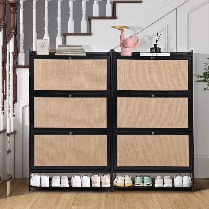LEVNARY Shoe Cabinet for Entryway, Slim Shoe Cabinet with 3 Flip Drawers Narrow Shoe Storage Cabinet, 4 Tier Freestanding Shoe Organizer for Entryway, Hallway (2, Black)