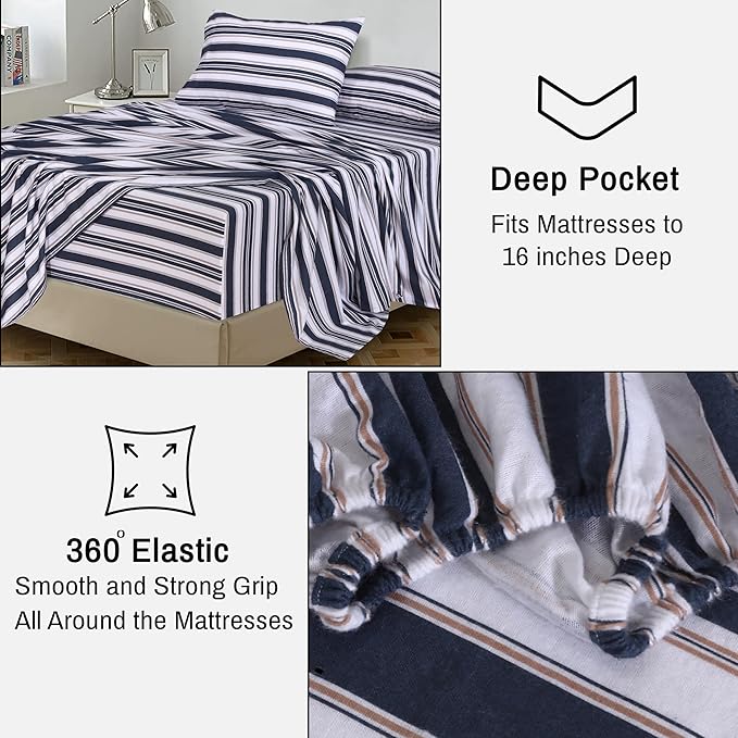 RUVANTI Flannel Sheets Full Size - 100% Cotton Double Brushed Bed Sheets Set, Deep Pockets 16 Inches, All Seasons Breathable & Extra Soft Full Sheets, Warm & Cozy, 4 Piece, Maritime Stripe