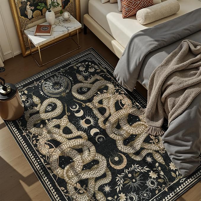 DCX Washable 2x3 Snake Rug, Black Gothic Rug for Living Room, Soft Low Pile Carpet, Kid & Pet Friendly with Rubber Back Non Slip, Stain Resistant Rug for Bedroom Dining Room Office